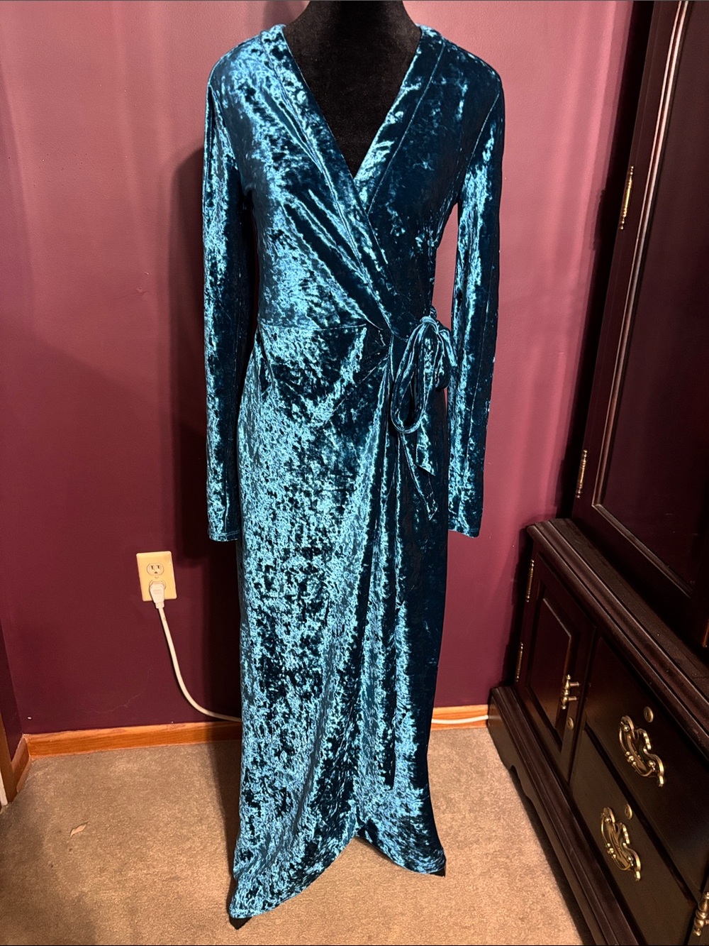 BCBGMaxAzria Teal Velvet Wrap Maxi Dress